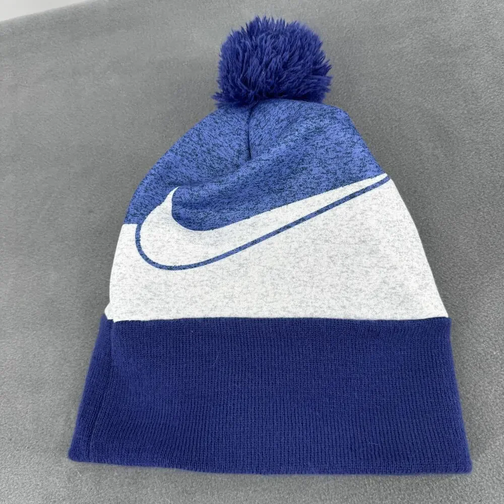 Nike Youth Blue White Pom‎ Beanie Hat Swoosh Cuffed Winter Knit Cap Boys